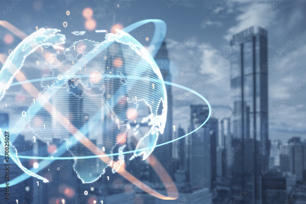 Poster Creative globe sphere with coding and polygonal network on blurry city backdrop. Future, technology and digital world concept. Double exposure.