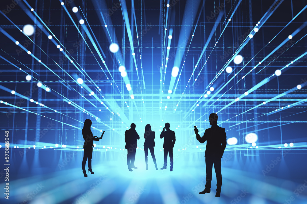 Aufkleber teamwork, business strategy and brainstorm concept with dark people silhouettes on abstract digital 