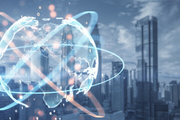 Creative globe sphere with coding and polygonal network on blurry city backdrop. Future, technology and digital world concept. Double exposure.