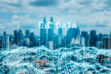 Creative big data city hologram. Technology and metaverse concept. Double exposure.