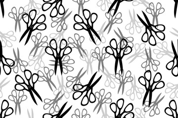 Seamless pattern with creative black scissors on white background. Website banner for fashion studio. Wallpaper and bed linen prin with scissors.