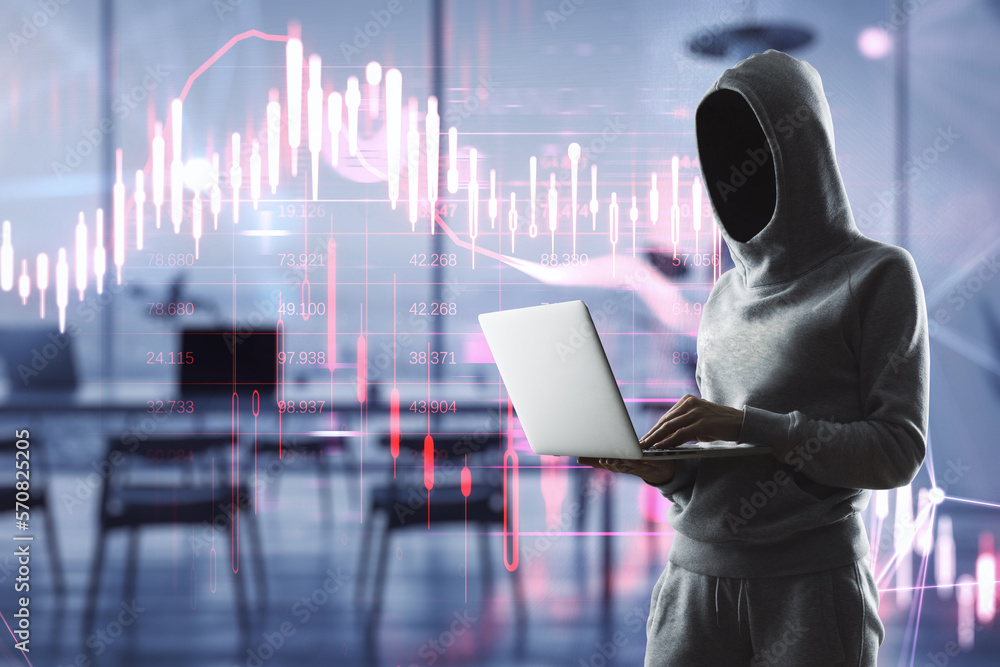 Poster hacker in hoodie using laptop with glowing falling red forex chart on blurry background. stock excha