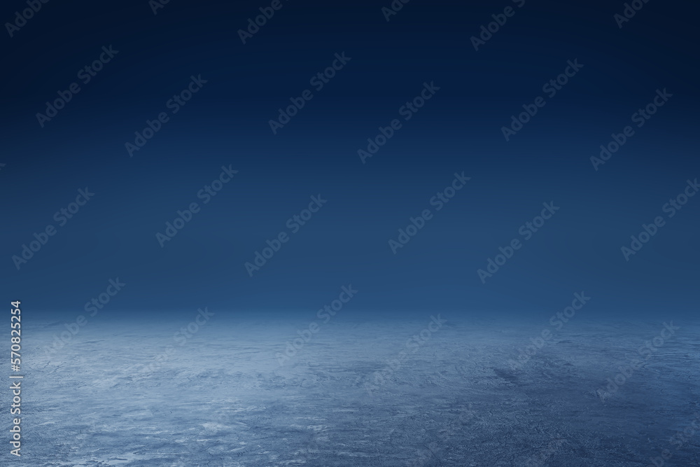 Poster Front view on abstract empty blue concrete surface with place for product presentation or advertising campaign on foggy dark background. 3D rendering, mock up