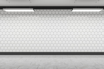 Front view on blank white wall background with honeycomb print and place for advertising poster illuminated from top in empty underground hall with concrete floor. 3D rendering, mock up