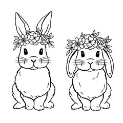 Cute Rabbit Line Art. Lop Bunny with Flower Crown. Easter Bunny. Bunny sketch vector illustration. Coloring pages for children. Good for posters, t shirts, postcards.