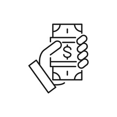 Money banknotes on hand, cash payment lineal icon. Cash payment, paper bill, dollar symbol design.
