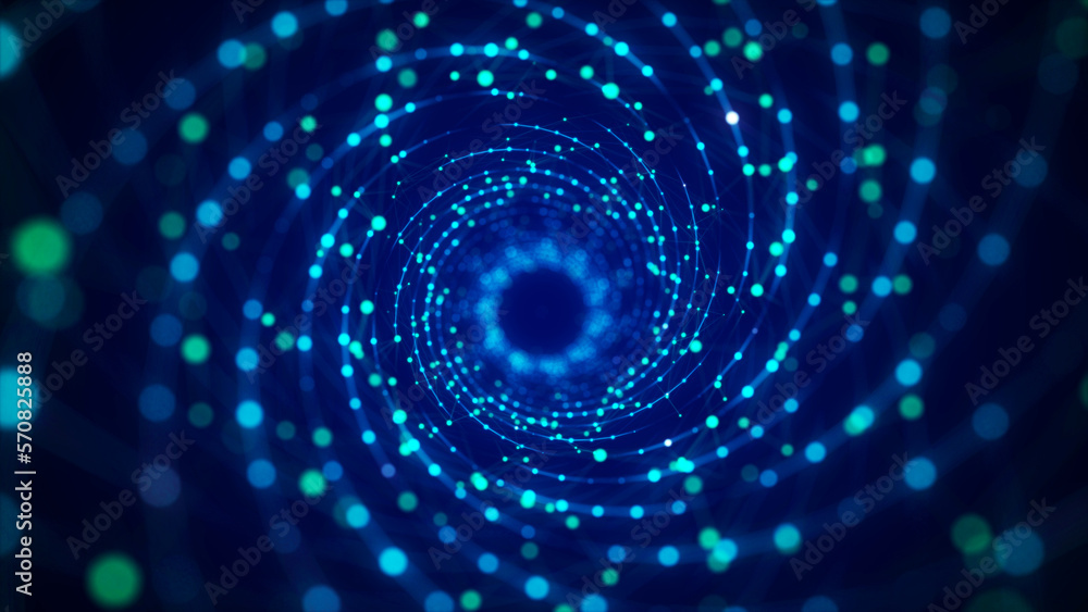 Poster Futuristic dynamic wireframe tunnel on blue background. Digital data flow. Progressive IT technologies. 3d rendering.