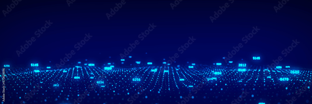 Poster Virtual dynamic digital wave in cyberspace. Binary code data flow. Technology of science wave of particles. Metaverse concept. 3d rendering.