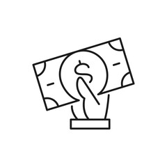 Hand holding dollar banknote, cash payment lineal icon. Cash payment, paper bill, dollar symbol design.