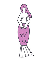 illustration character mermaid, concept logo, outline fantasy pesonage with pink hair