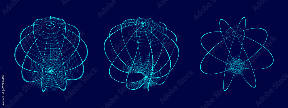 Poster set of abstract spheres from points and lines on a blue background. network connection structure. bi