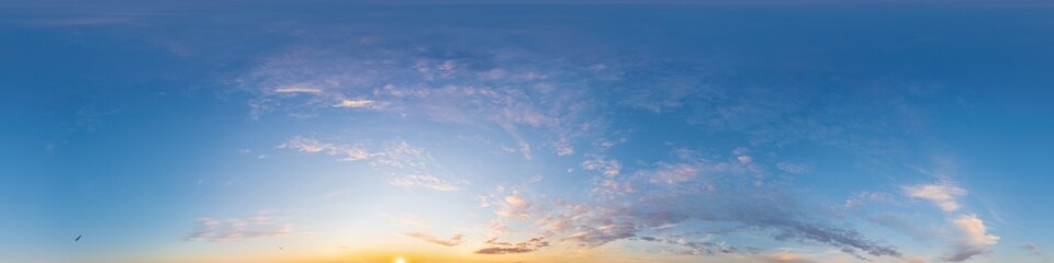 Dark blue sunset sky panorama with pink Cirrus clouds. Seamless hdr 360 panorama in spherical...