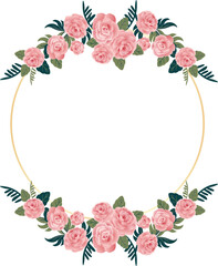 Pink roses with floral green leaves frame for sweet wedding card, celebrate