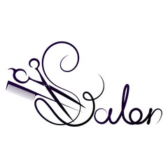 Beautiful inscription Salon and scissors comb. Unique design for beauty salon and stylist