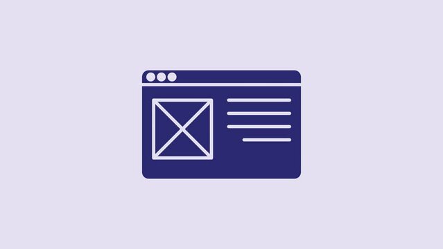 Blue Browser window icon isolated on purple background. 4K Video motion graphic animation