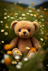 Teddy bear in a flowers field