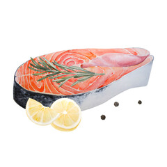 Watercolor illustration of raw salmon steak with lemon and rosemary and peppercorns isolated on white background