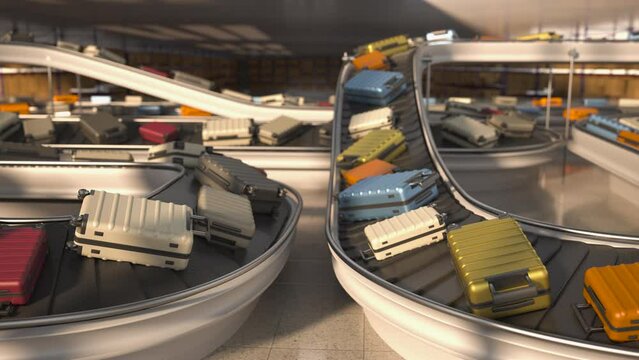 Baggage transportation at the airport. Moving luggage on a multi-level belt. Close-up of various suitcases moving along the conveyor belt of the airport terminal.