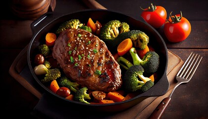 American food concept. Grilled beef steak with grilled vegetables, with carrots, cherry tomatoes, broccoli, in a cast iron pan