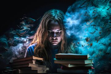 A sad teenage female student overloaded with homework before exams, smoke and debris flying in air in the dark night, generative ai