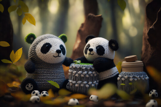 panda knitting art illustration cute suitable for children's books, children's animal photos created using artificial intelligence