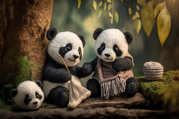 panda knitting art illustration cute suitable for children's books, children's animal photos created using artificial intelligence
