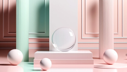 Minimal Pastel Color Background and White Podium Glass Sphere Bubbles on the Water for Product and Cosmetic Presentation the Classic Decorated Wall 
