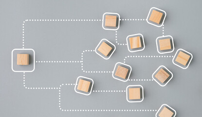wooden cube block arrange for management thinking diagram on grey background. business process and...