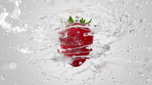 Fresh Strawberry rotating on light background with splashing transparent liquid flying from fruit. Nice water coming around nice fruit in slow motion. 3D render liquid simulation. 