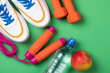 Sport shoes and equipment for fitness healthy lifestyle, exercise, healthy food concept. Sport...