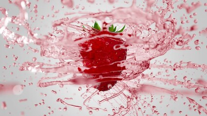 Fresh Strawberry rotating on light background with splashing red liquid flying from fruit. Nice water coming around nice fruit in slow motion. 3D render liquid simulation. Juice splashing with fruit. - Powered by Adobe