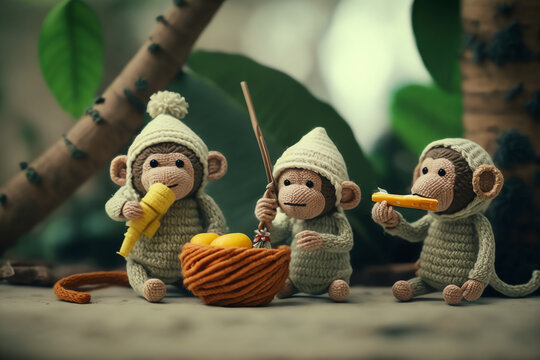 cute monkey knitting art illustration suitable for children's books, children's animal photos created using artificial intelligence
