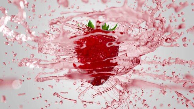 Fresh Strawberry rotating on light background with splashing red liquid flying from fruit. Nice water coming around nice fruit in slow motion. 3D render liquid simulation. Juice splashing with fruit.