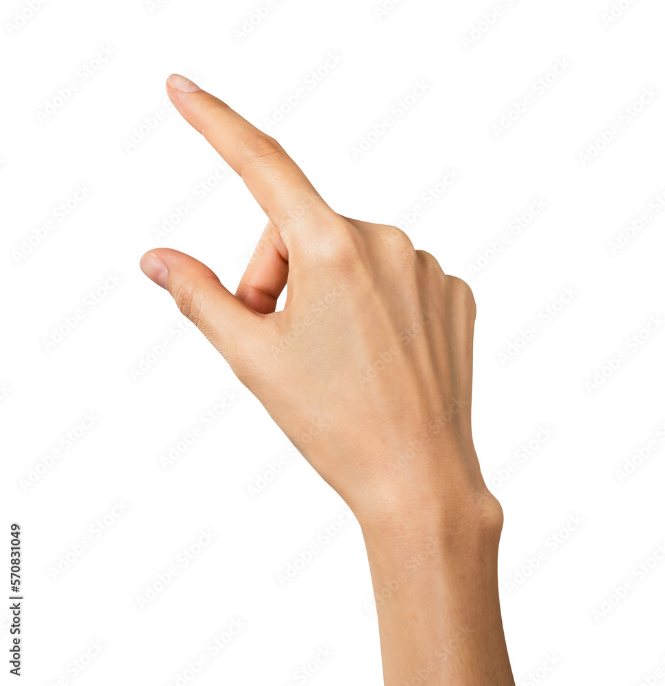 Wall mural hand pointing at screen on background. png format file.