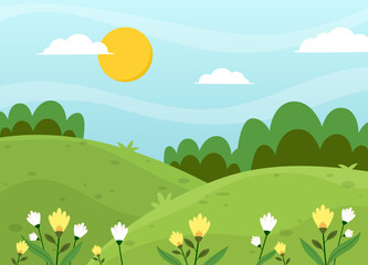 Flat natural green landscape and flower background vector design illustration