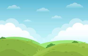 Obraz na płótnie Canvas Flat natural green field landscape view and blue sky background illustration