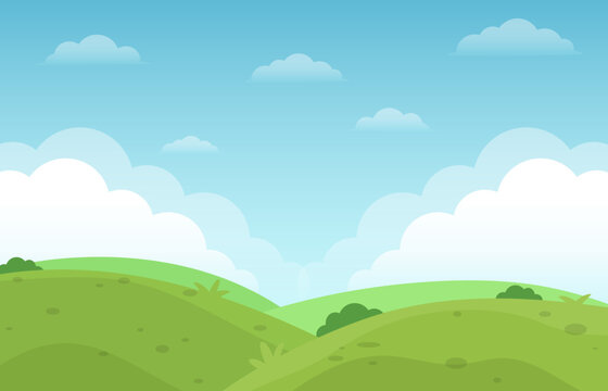 Flat natural green field landscape view and blue sky background illustration