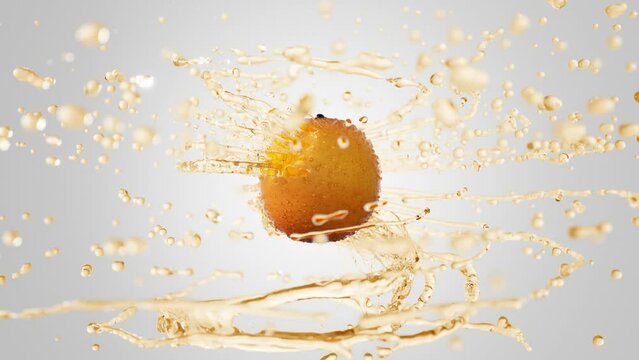 Fresh Orange rotating on light background with splashing orange liquid flying from fruit. Nice water coming around nice fruit in slow motion. 3D render liquid simulation. Juice splash with fruit.