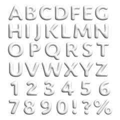 White 3D Letters, Numbers, Exclamation, Interrogative and Percent Sign. 3D Illustration