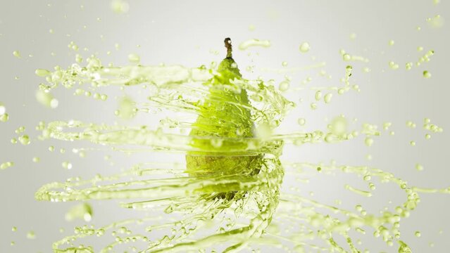 Fresh Peach rotating on light background with splashing light green liquid flying from fruit. Nice water coming around nice fruit in slow motion. 3D render liquid simulation. Juice splash with fruit.