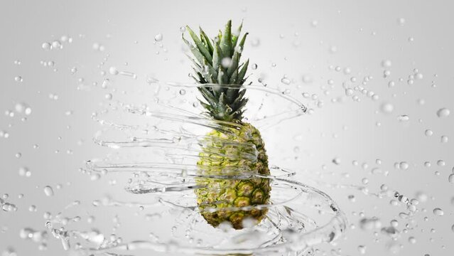 Fresh Pineapple rotating on light background with splashing transparent liquid flying from fruit. Nice water coming around nice fruit in slow motion. 3D render liquid simulation. 