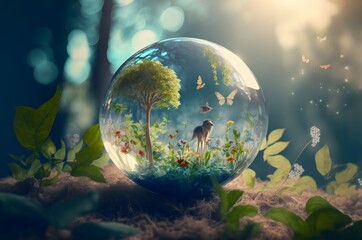 Obraz na płótnie Canvas Earth crystal glass globe ball and flora and fauna on blue sunny background