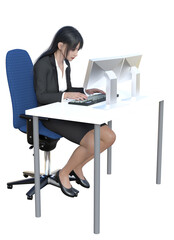 猫背の姿勢でパソコン作業をする女性OLのイラスト リアルな日本人3Dモデルの全身横向き 横顔