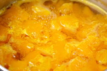 Vegetarian food soup from baked pumpkin, onions and vegetables. Soft focus.