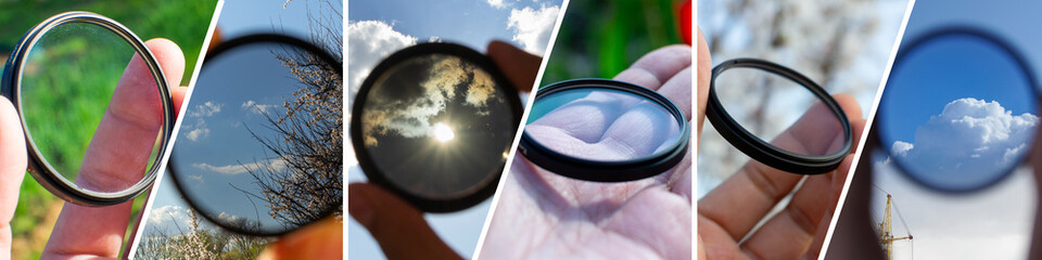 Collage of polarizing and ND filters for the camera. Horizontal format