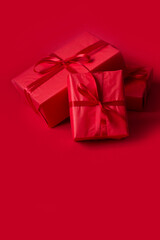 Red gift boxes on red background. Valentine's Day , Love background, Big sale, Valentine's , Christmas template