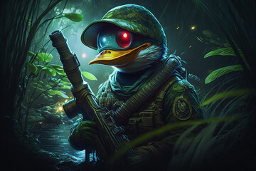 The duck in a sniper uniform is hiding in the dark forest. The duck lurks among the trees, its penetrating gaze sweeping around, ready for any potential threat. Generative AI. - obrazy, fototapety, plakaty