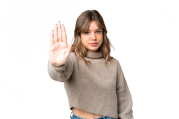Young girl over isolated chroma key background making stop gesture