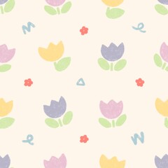 Cute colorful tulips with red flower on yellow background. Seamless pattern. for fabric design, wrapping paper, cover