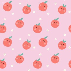 Cute tomato with white flower on pink background. Seamless pattern. for fabric design, wrapping paper, cover